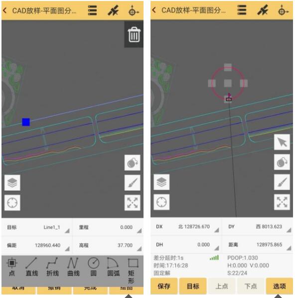 CAD 放樣功能在施工作業(yè)的同時(shí)，還可進(jìn)入繪圖模式（點(diǎn)擊右邊毛筆圖標(biāo)），可實(shí)時(shí)在原 CAD 底圖上進(jìn)行相關(guān)圖形的增加，如點(diǎn)、直線、折線、曲線等，并進(jìn)行放樣